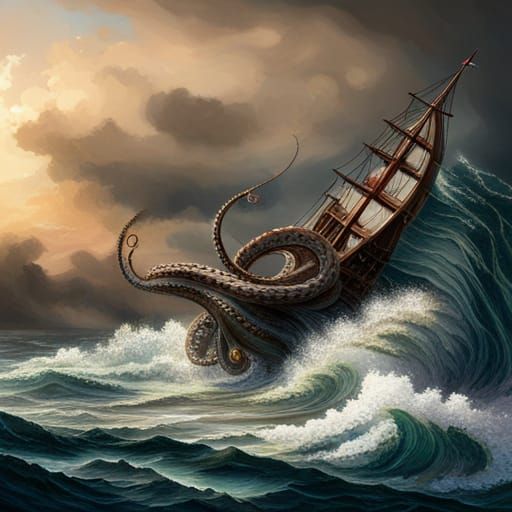 Giant Octopus Attacks Ship in Stormy Seas