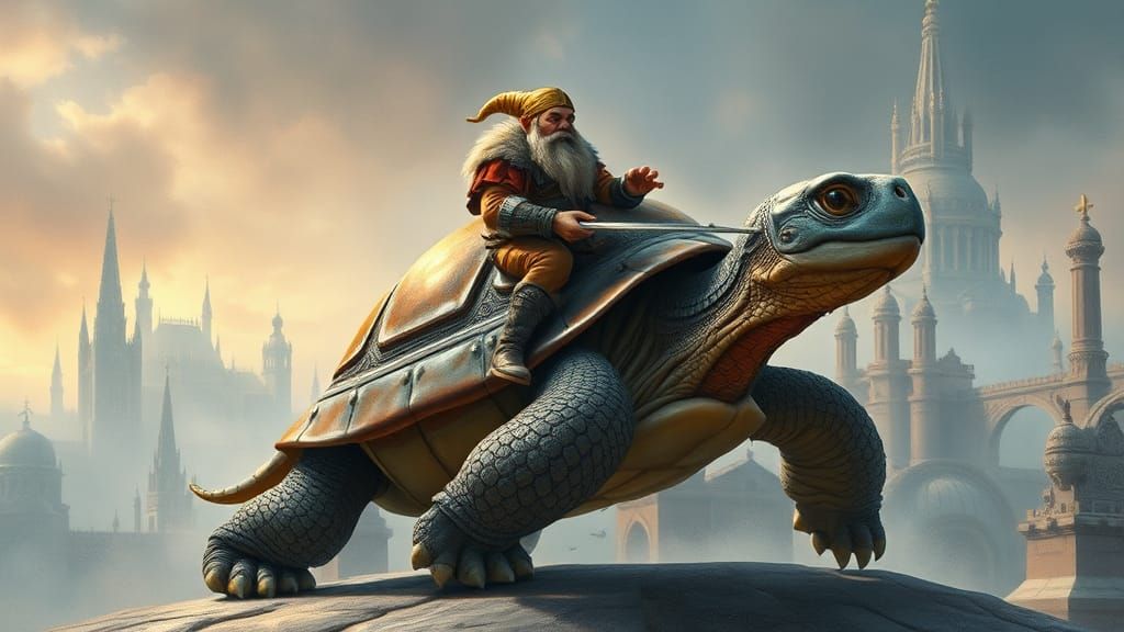 Dwarf Rides Iridescent Turtle in Art Deco Cityscape