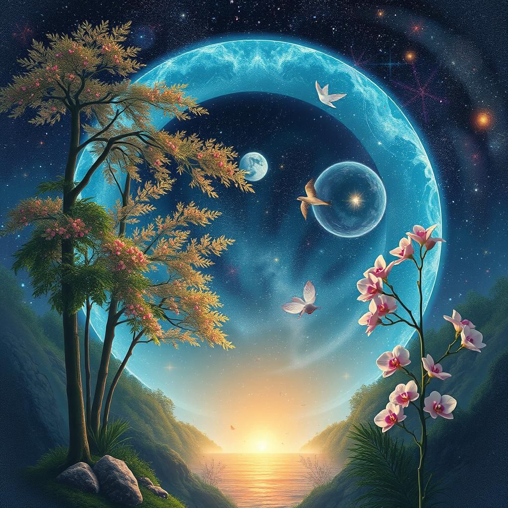 Cosmic Birds in Astral Grove: Holographic Illustration