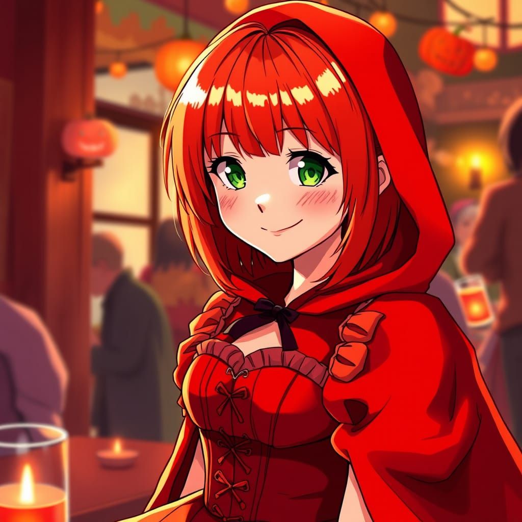 Red-Haired Woman in Anime-Style Red Riding Hood Costume