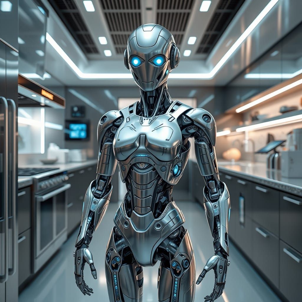Stunning Cyberpunk Robot Servant in Futuristic High-Tech Kit...