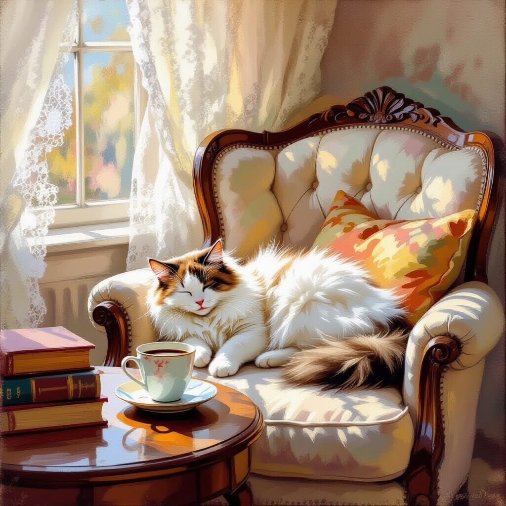 Scene with coffee, cat and books