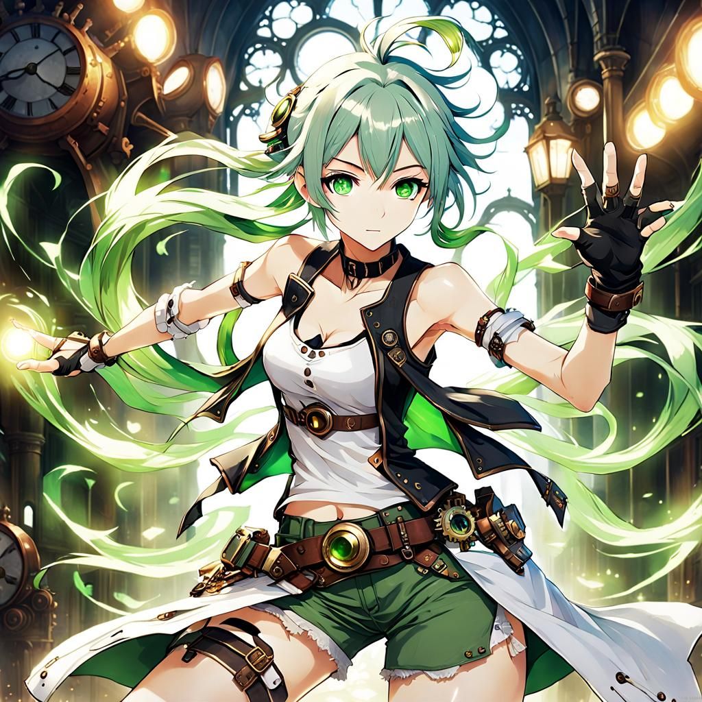 Steampunk Anime Girl in High-Tech Cityscape