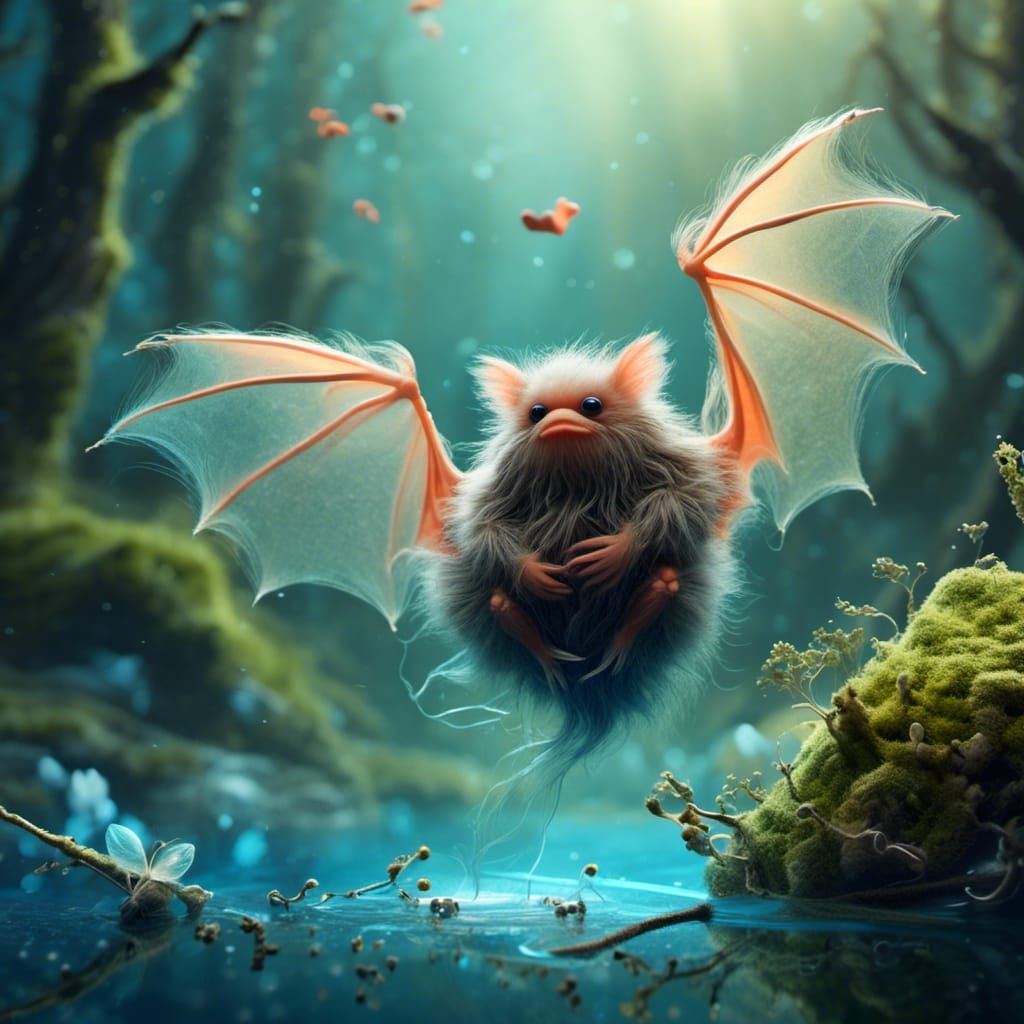 Whimsical Fluffy Bat in Miniature Forest Diorama