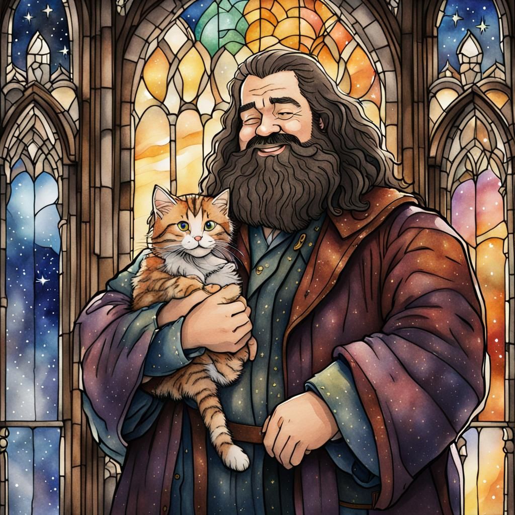 Hagrid Cradles Kitten Under Starry Watercolour Sky
