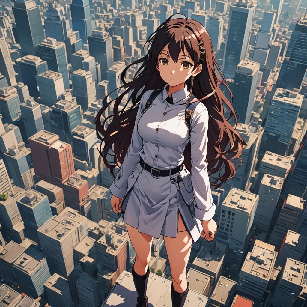 Giantess anime characters Masterpiece, Best Quality, flat, Manga Scan, Anime, cinematic lighting, drawn Art, by Studio T...