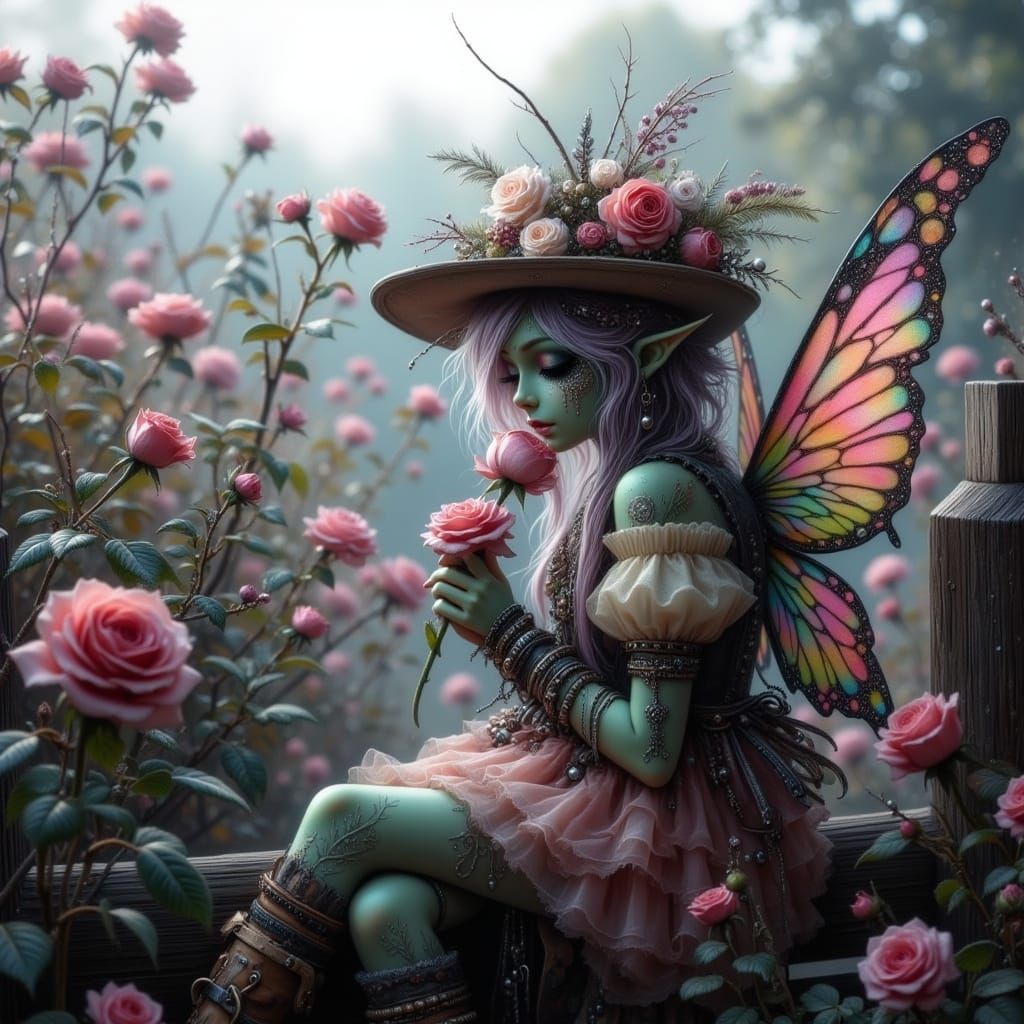 Fairy Punk Girl Smells a Rose in a Sunny Countryside