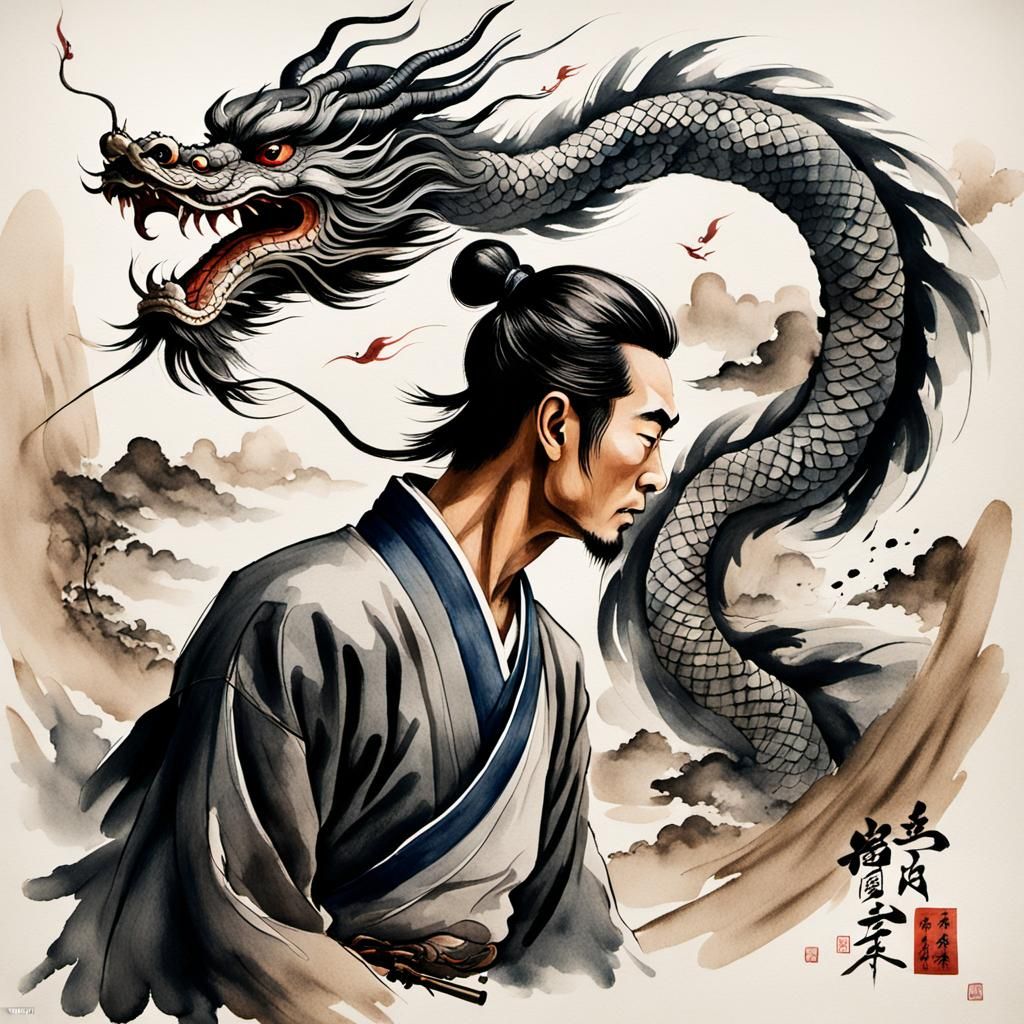 Chinese Hero and Dragon in Ink Painting Style