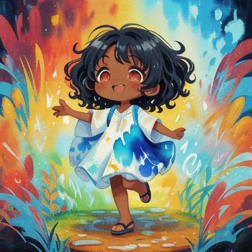 Happy Chibi Girl Dancing in Watercolor Style