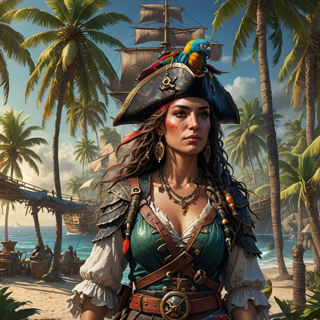 Pirate Queen Portrait with Parrot, Hyper-Detailed Octane Ren...