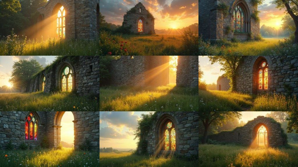 Sunlit Ruin in a Serene Meadow