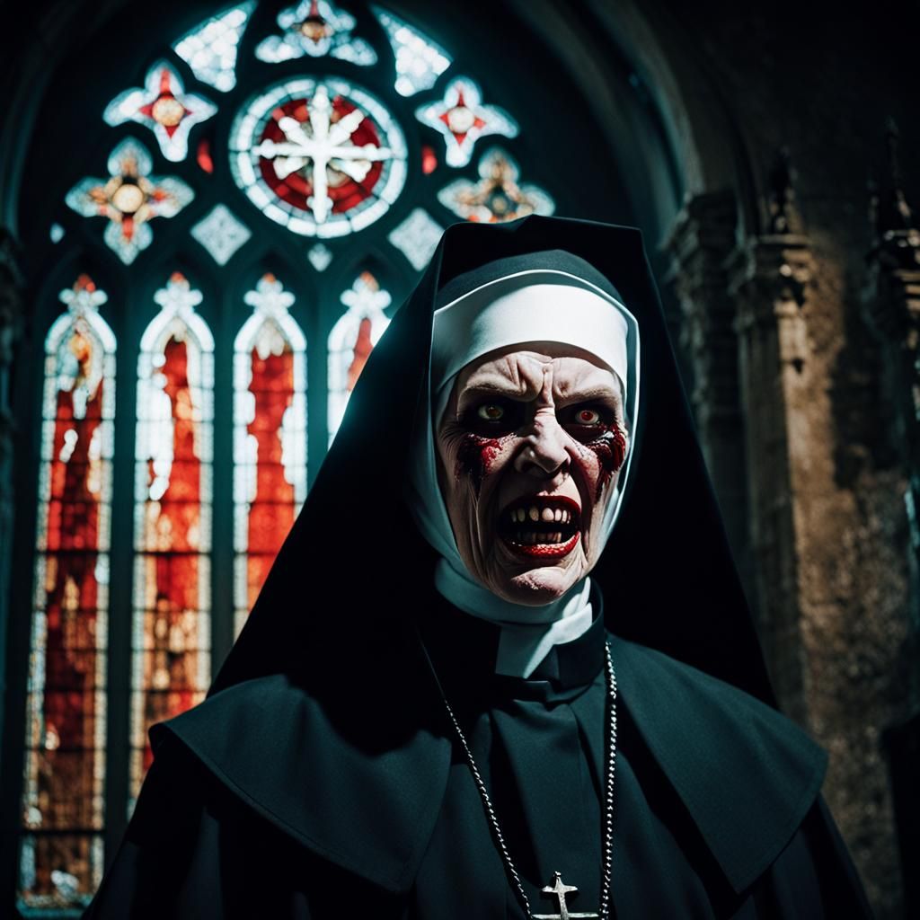 Ominous Nun with Red Eyes in Abandoned Church