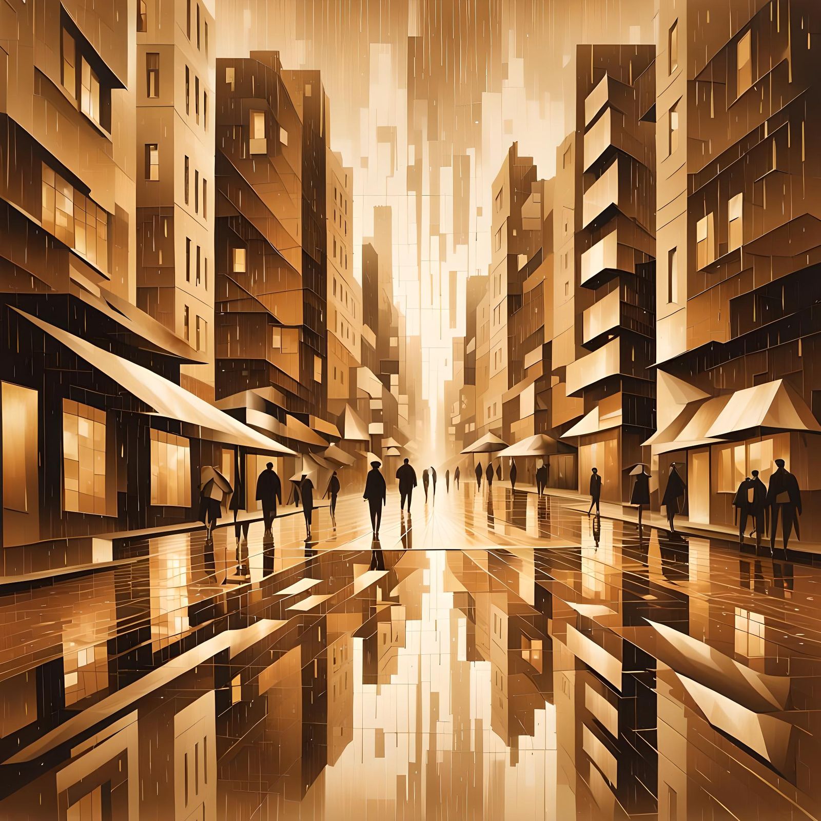 Abstract Cubist Cityscape in Sepia