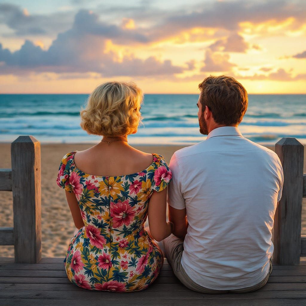 Couple Watches Serene Sunset on Seaside Promenade