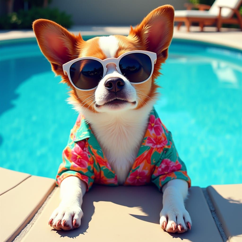Dog Lounging Poolside in Pop Art Style