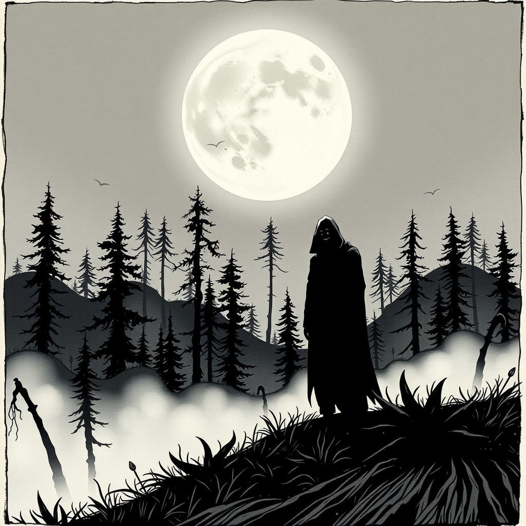 Ominous Figure in Mist-Shrouded Forest