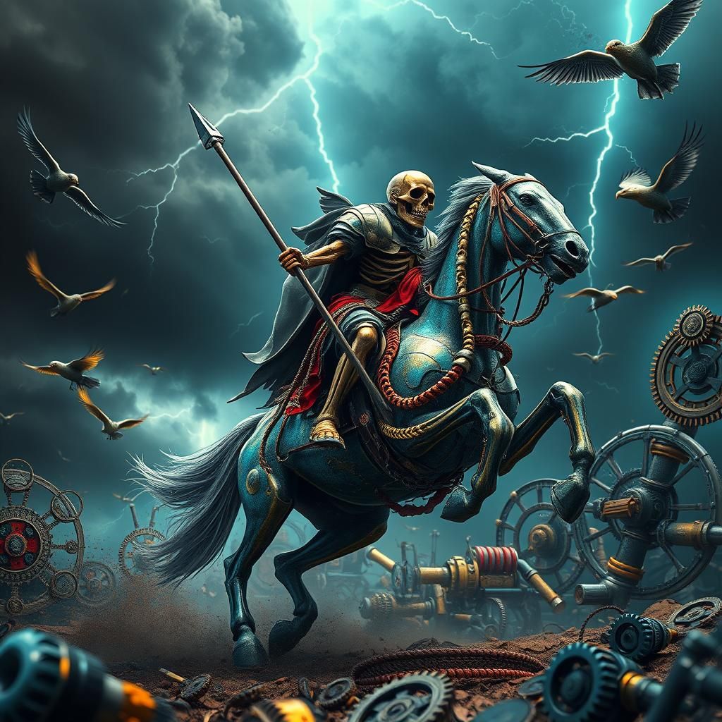 Skeletal Warrior on Horseback Amidst Mechanical Elements