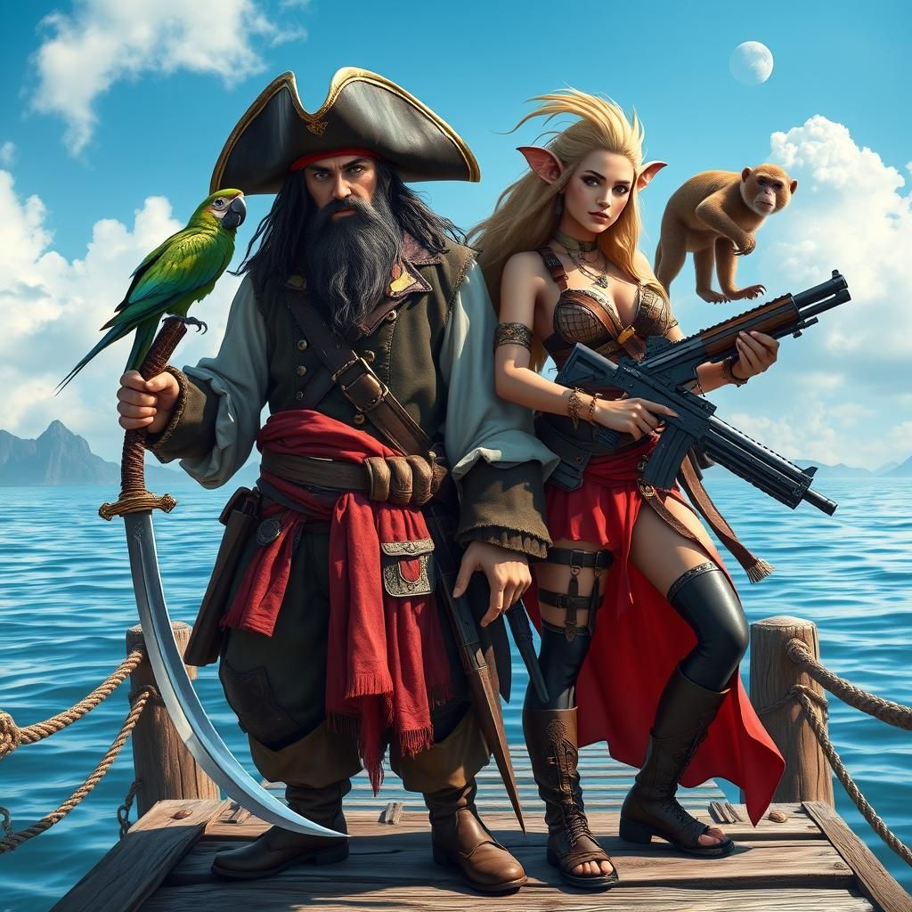 Pirates on Dock with Parrot and Monkey
