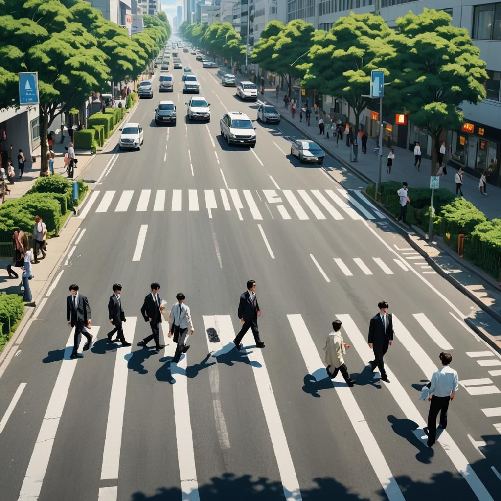 Four Men Crossing Street in 3D Anime Style