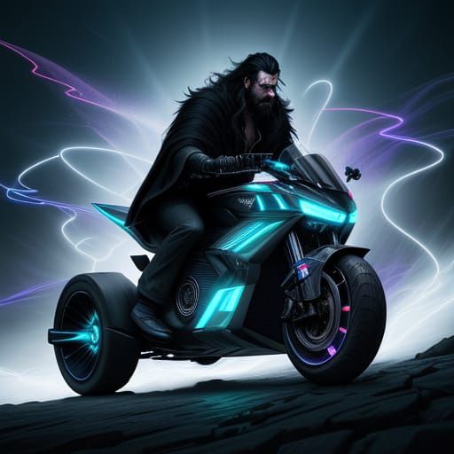 Wizard Riding Neon-Lit Hovertrike Under Moonlit Skies