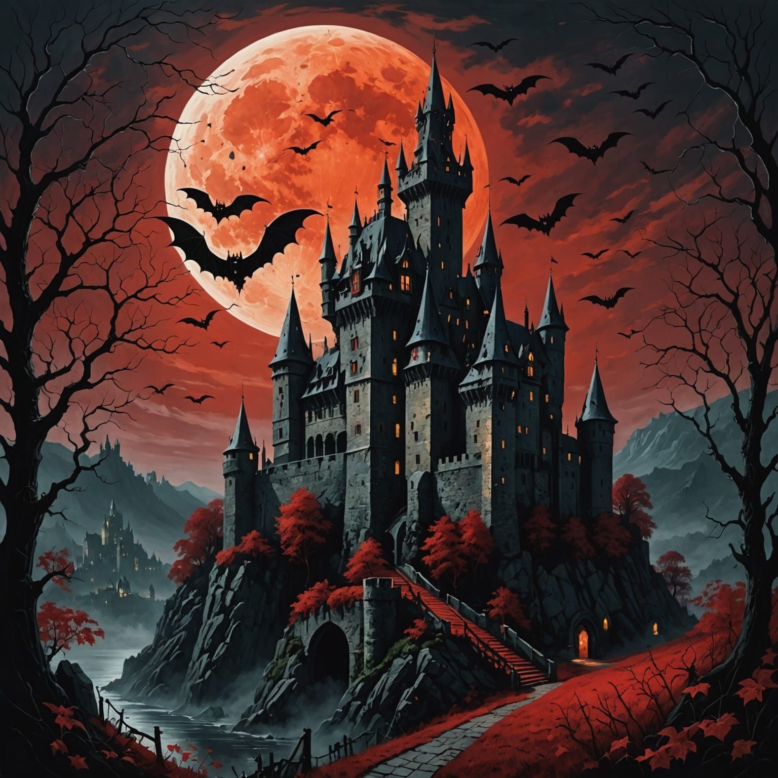 Surreal Blood Moon Castle Amidst Dark Ivy and Ghostly Appari...