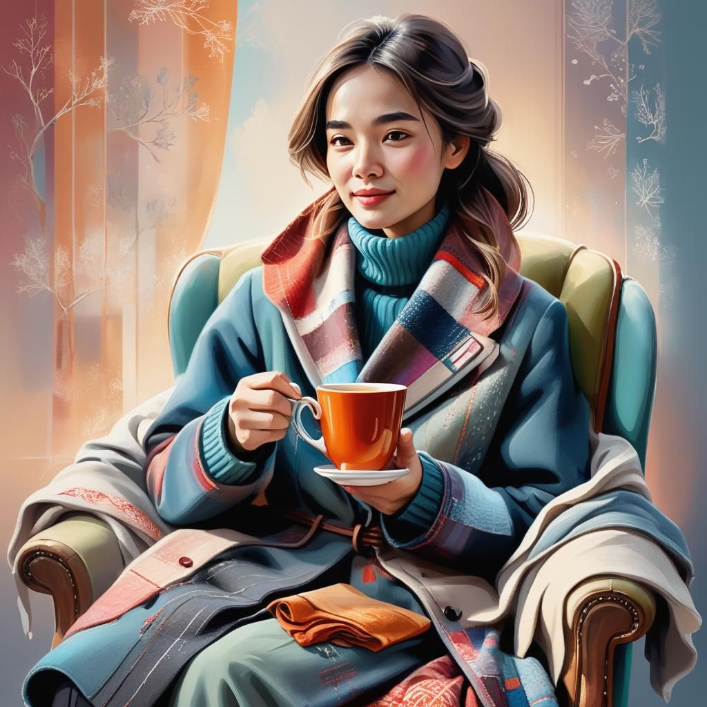 Woman with Tea: Hyperrealistic Splash Art