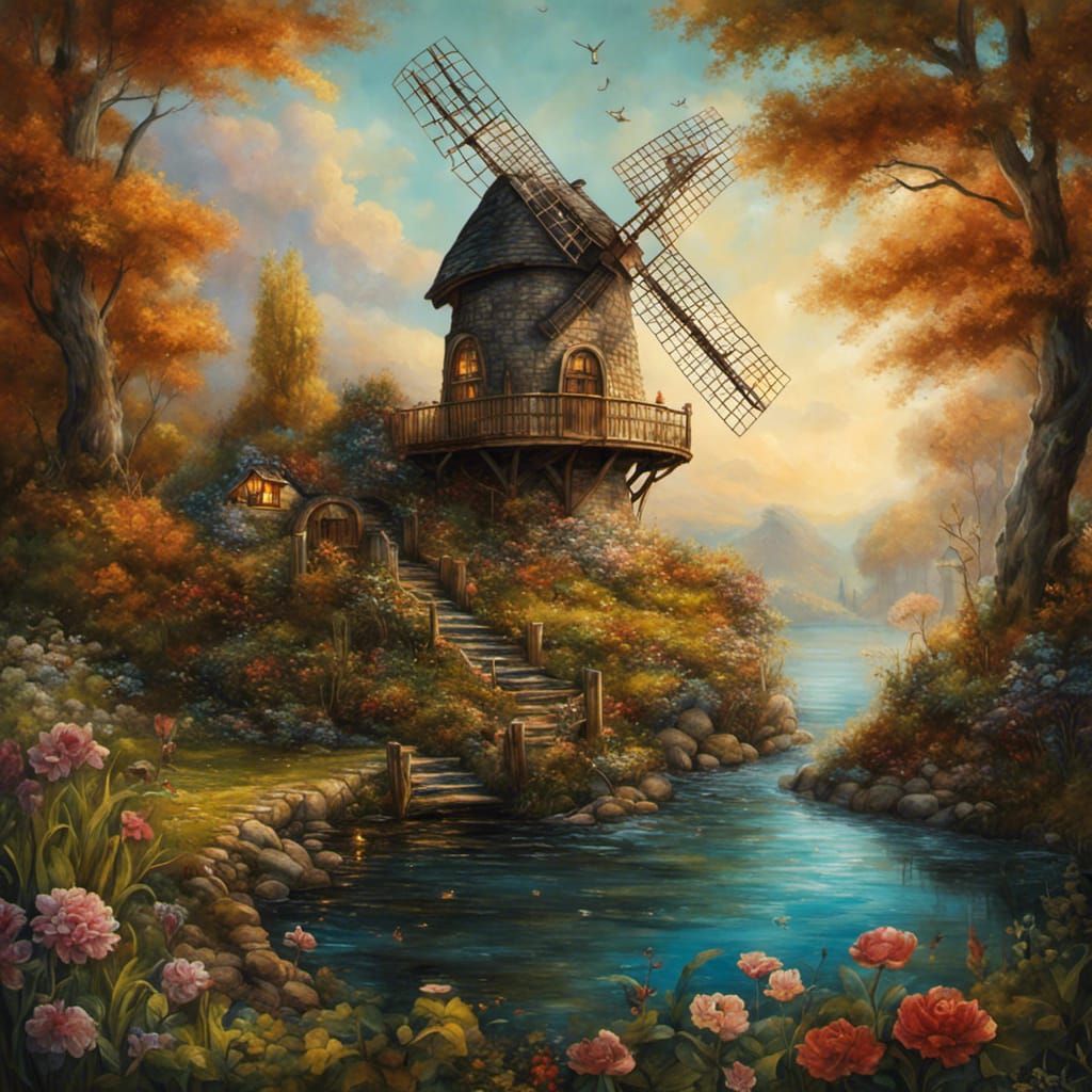Fairytale Windmill in Atlantis, Detailed Illustration