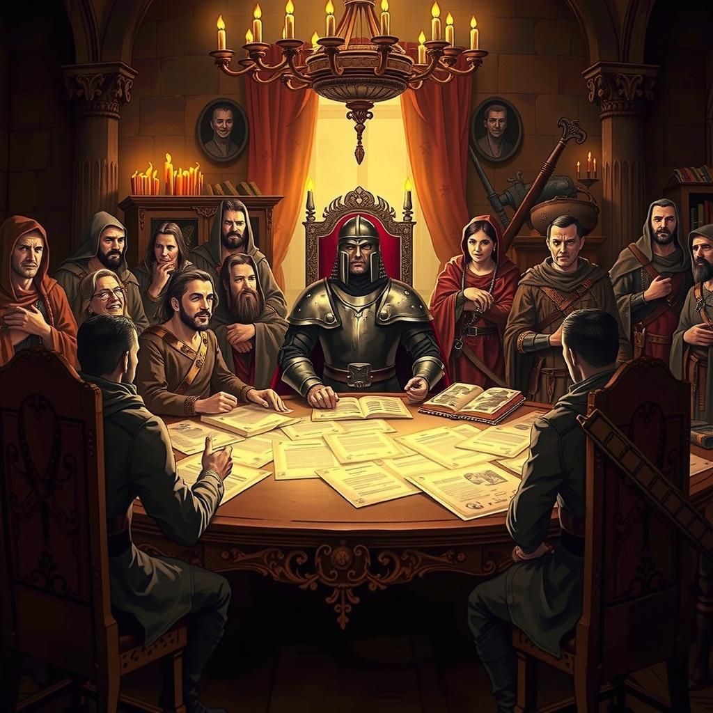 Ominous Council Chamber Scene in Dark Fantasy Style