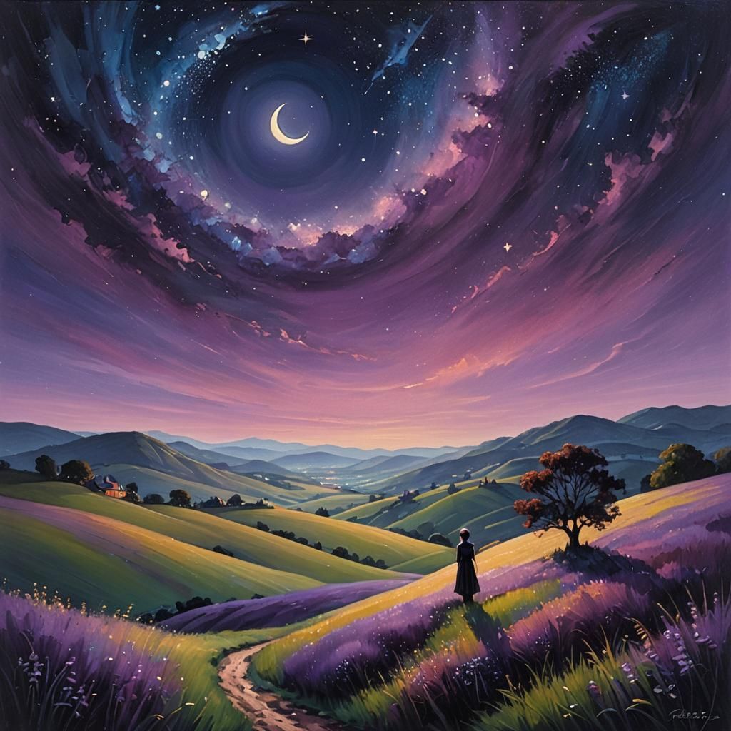 Dreamy Starry Night Landscape in Oil Painting Style