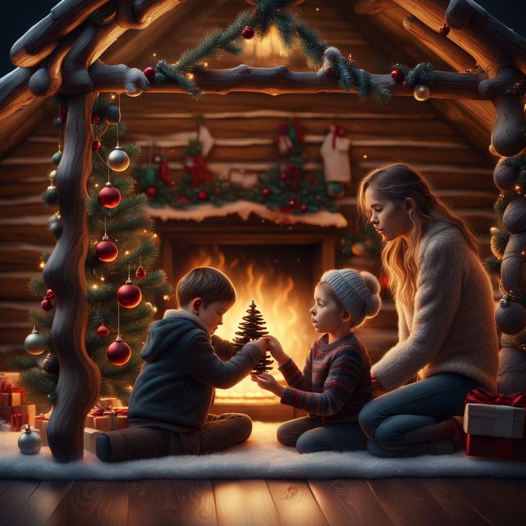 Family Decorating Christmas Tree in Log Cabin