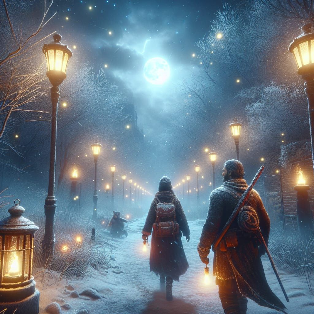 Winter Hike in Frosty Park Alley at Night