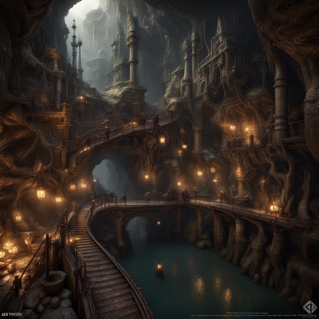 Steampunk Underground City with Steam Trains