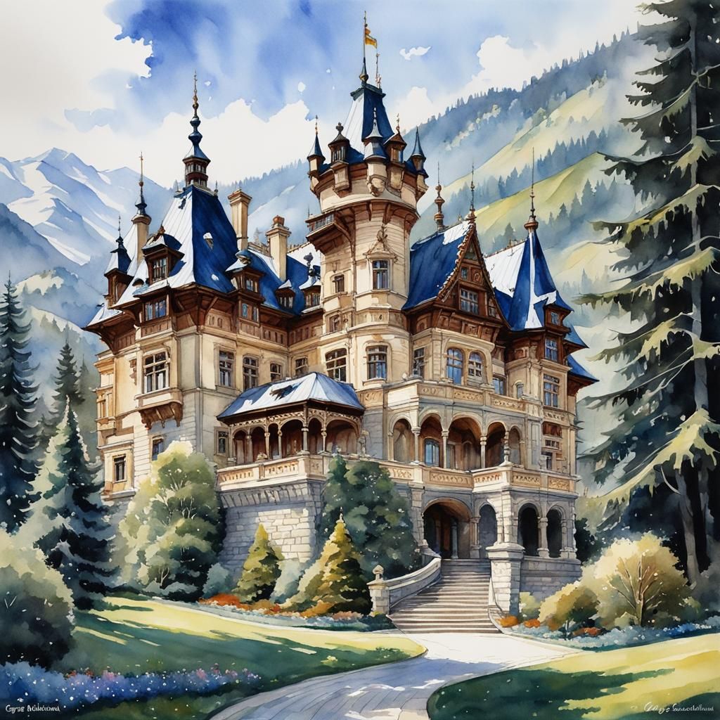 Peleș Castle, Romania, Watercolor Handpainting