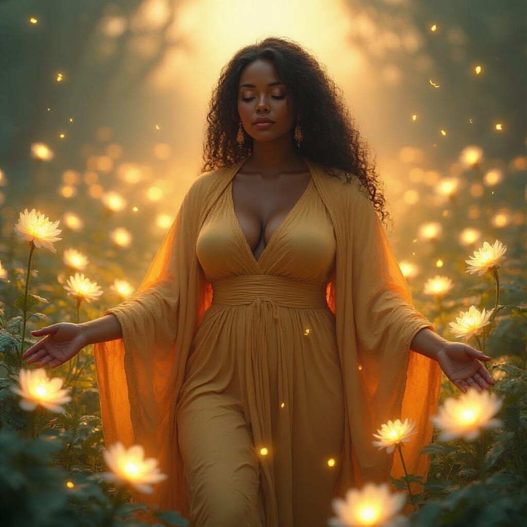 Serene Woman in Golden Robes Amidst Bioluminescent Flowers