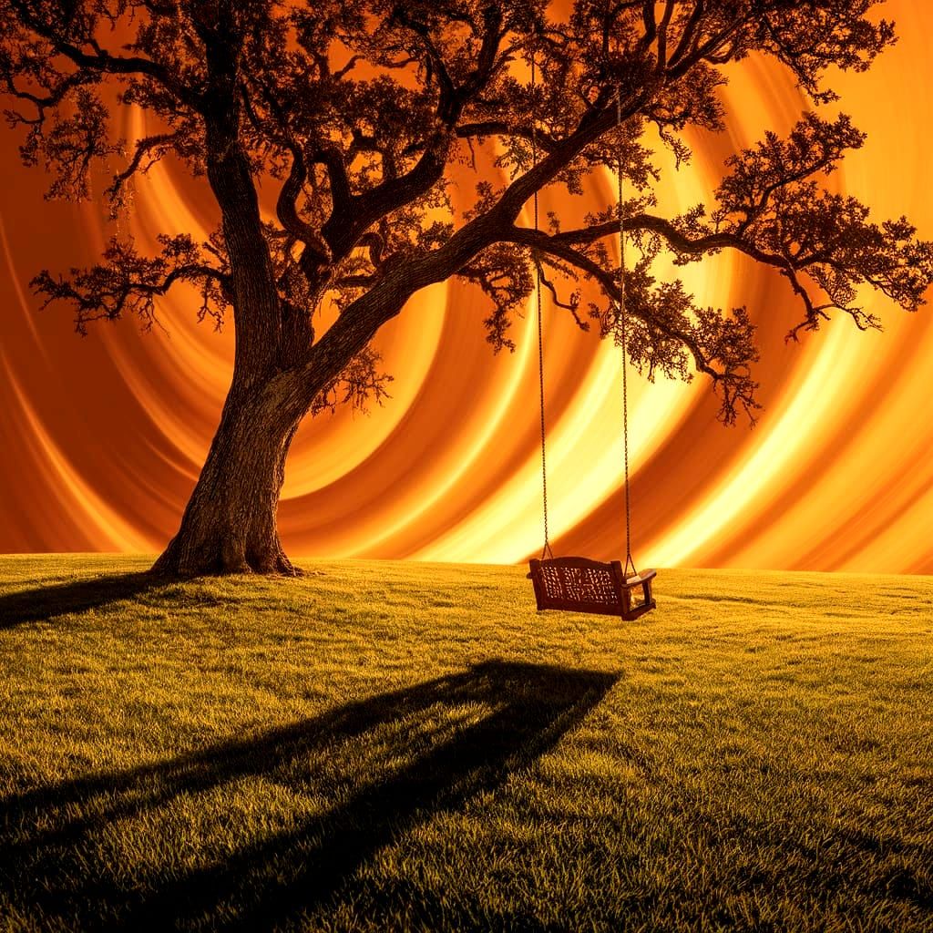 Tranquil Oak Tree with Swing at Sunset