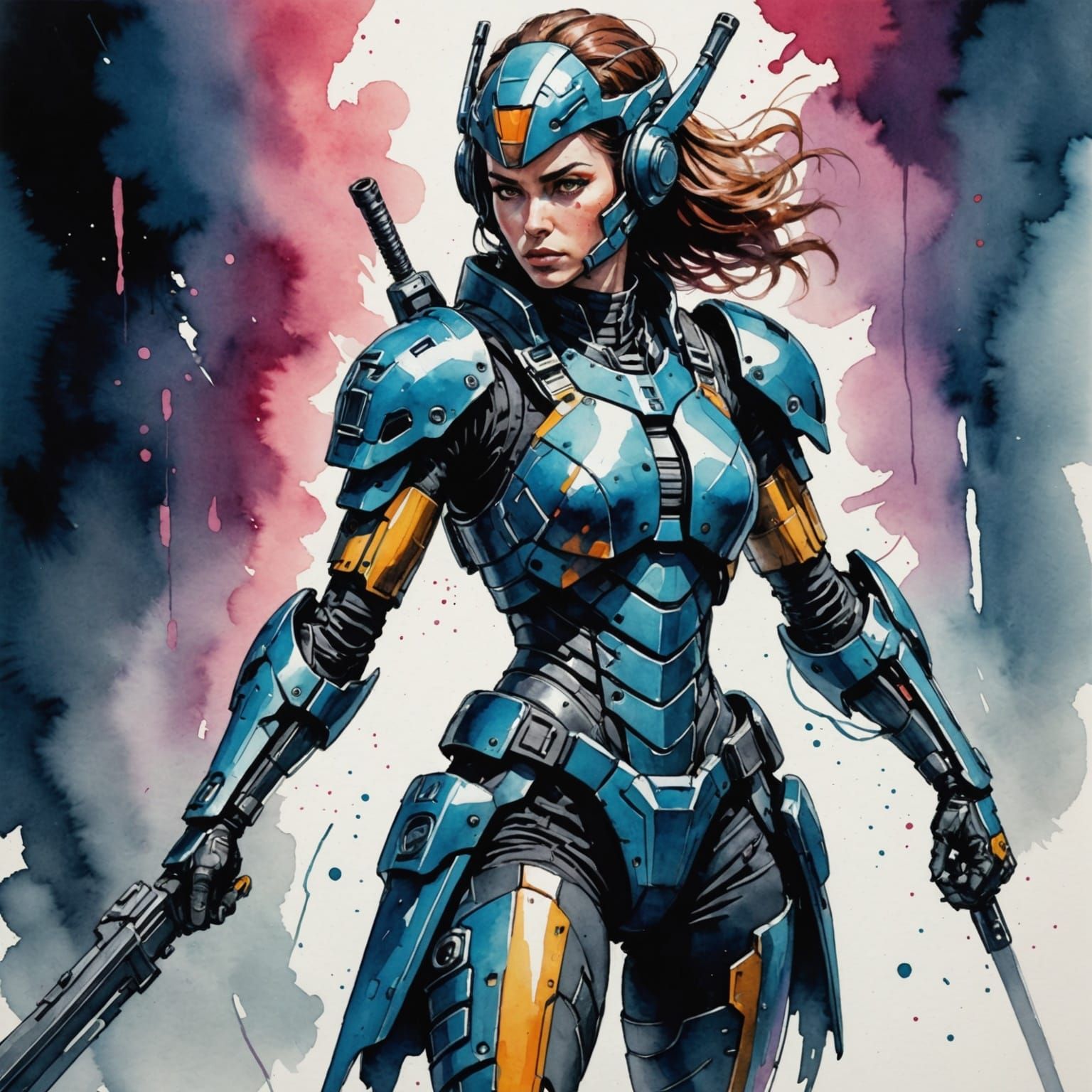 Glowing Female Warrior in Futuristic Armor