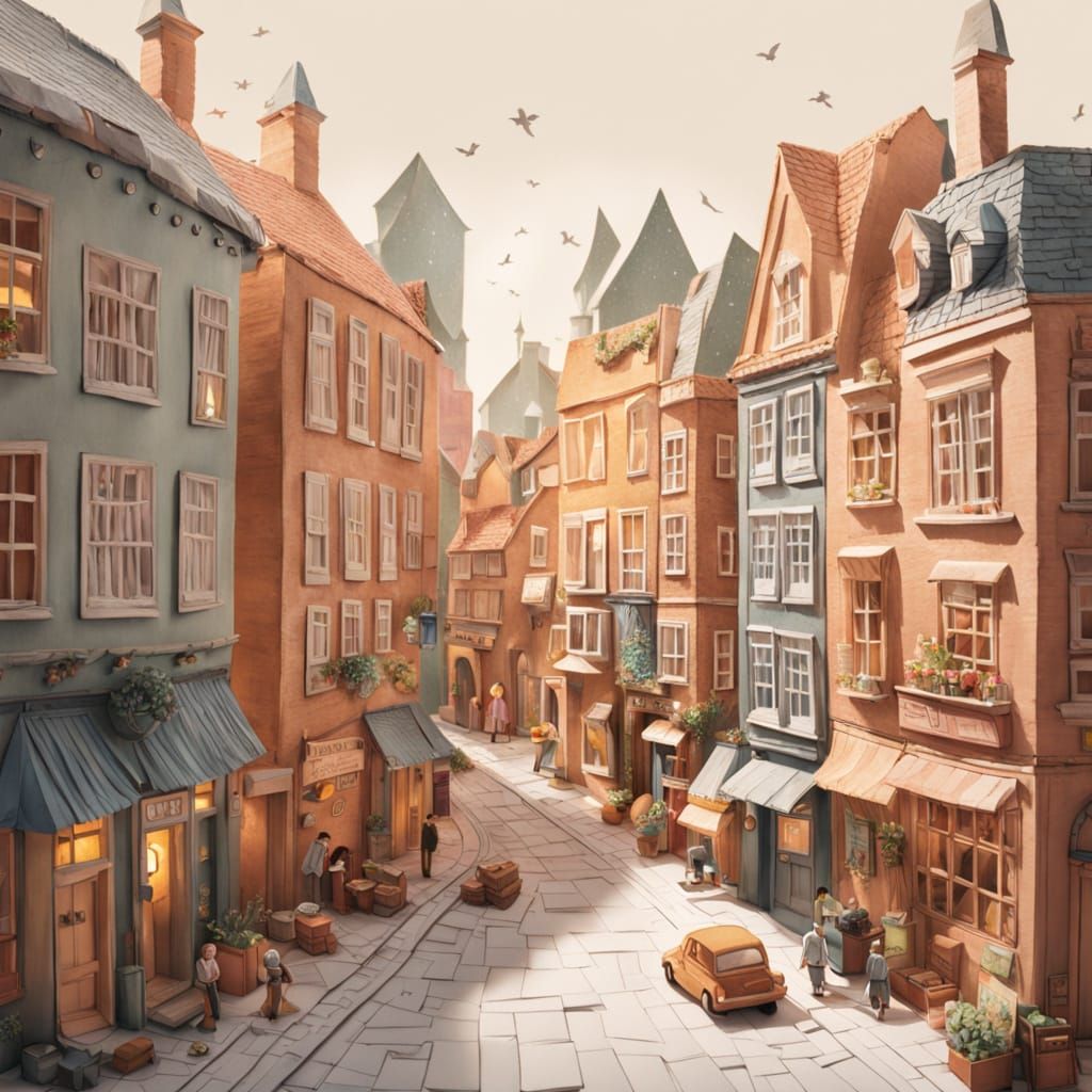 Whimsical Papercraft Character in Miniature City