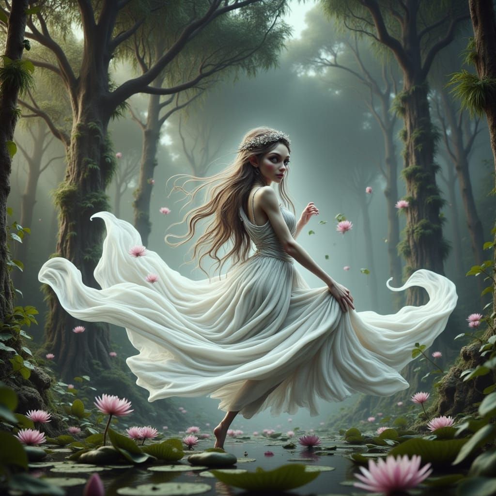 Ethereal Slavic Rusalka Surrounded by Water Lilies