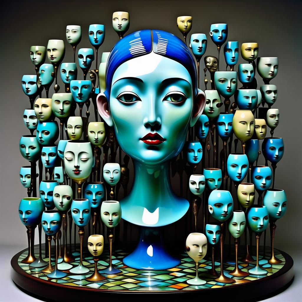 Surreal Sculpture of Woman with Glass Faces