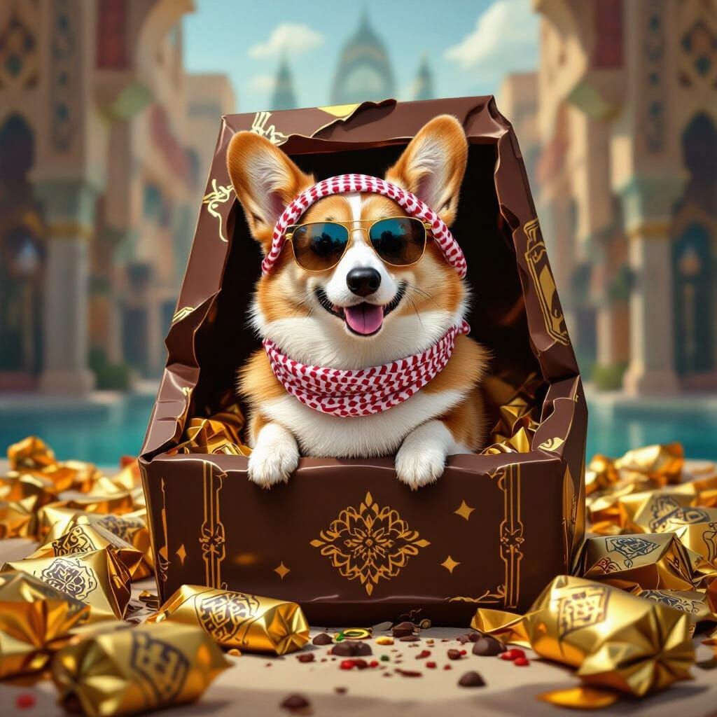 Corgi in Dubai Chocolate Bar, Digital Art