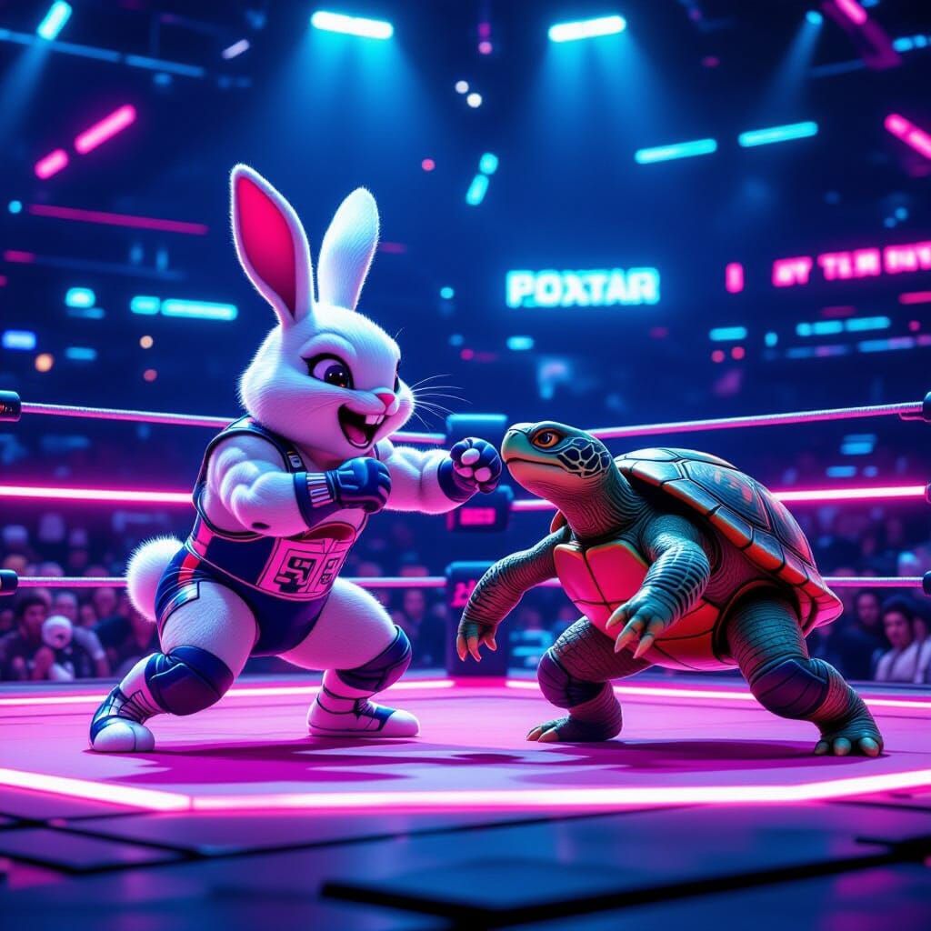 Bunny vs Turtle in Cyberpunk Wrestling Ring