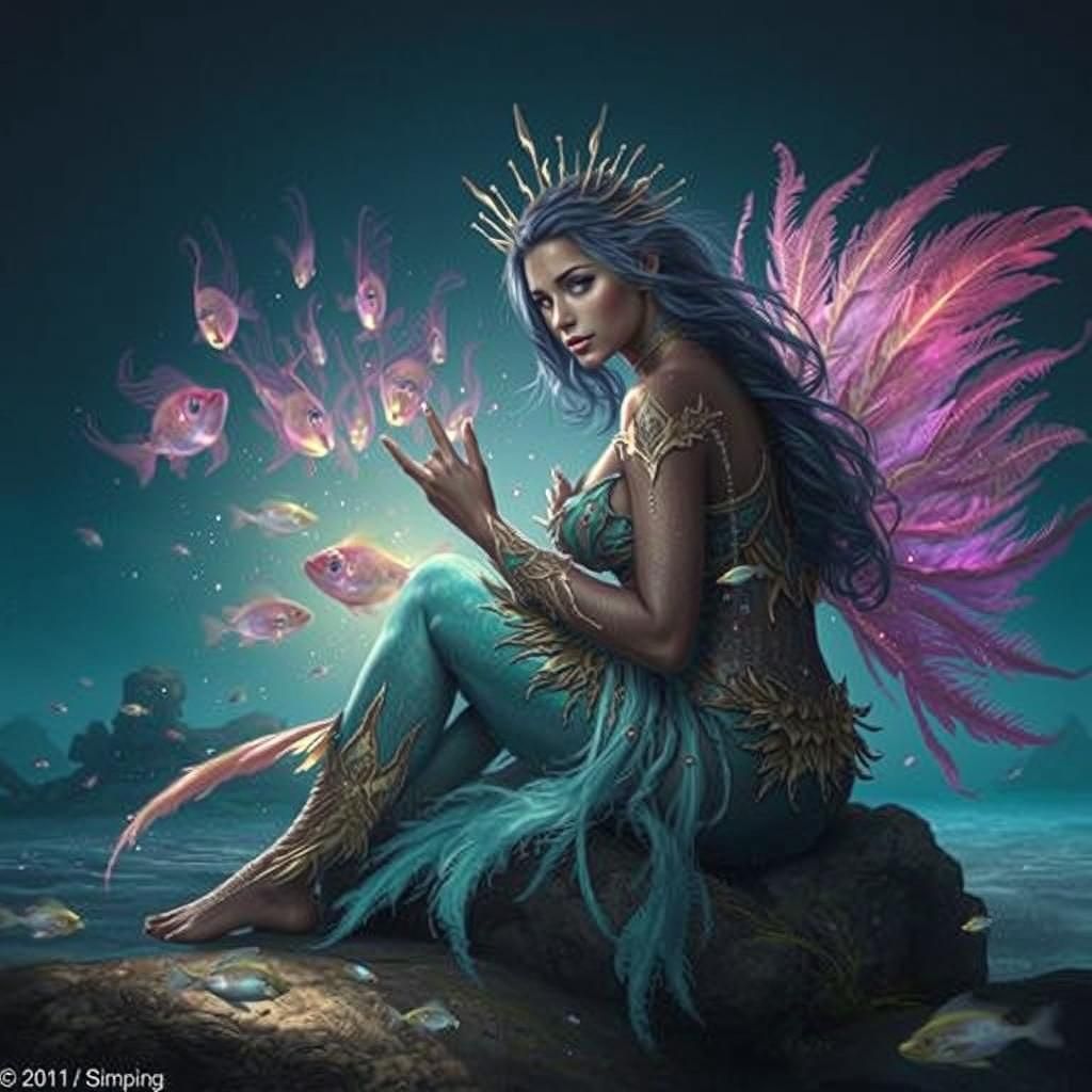 Iridescent Mermaid with Peacock Tail in Underwater Scene