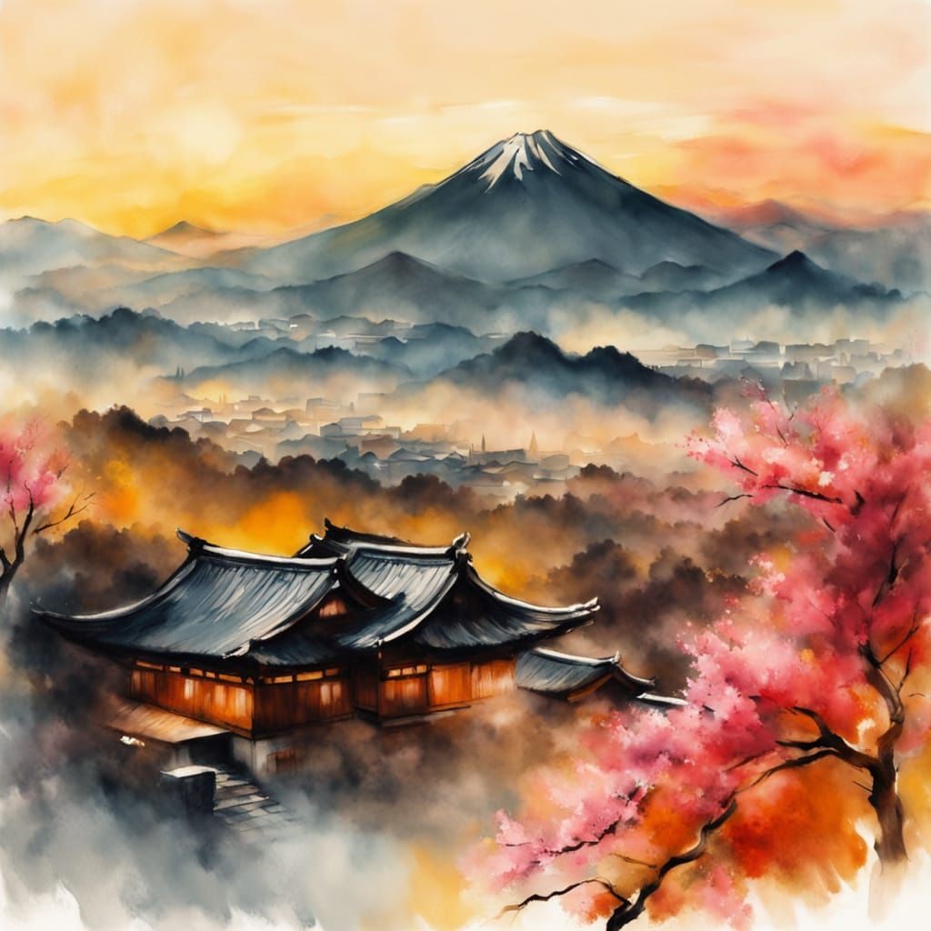 Serene Cityscape in Japanese Ink Wash Style