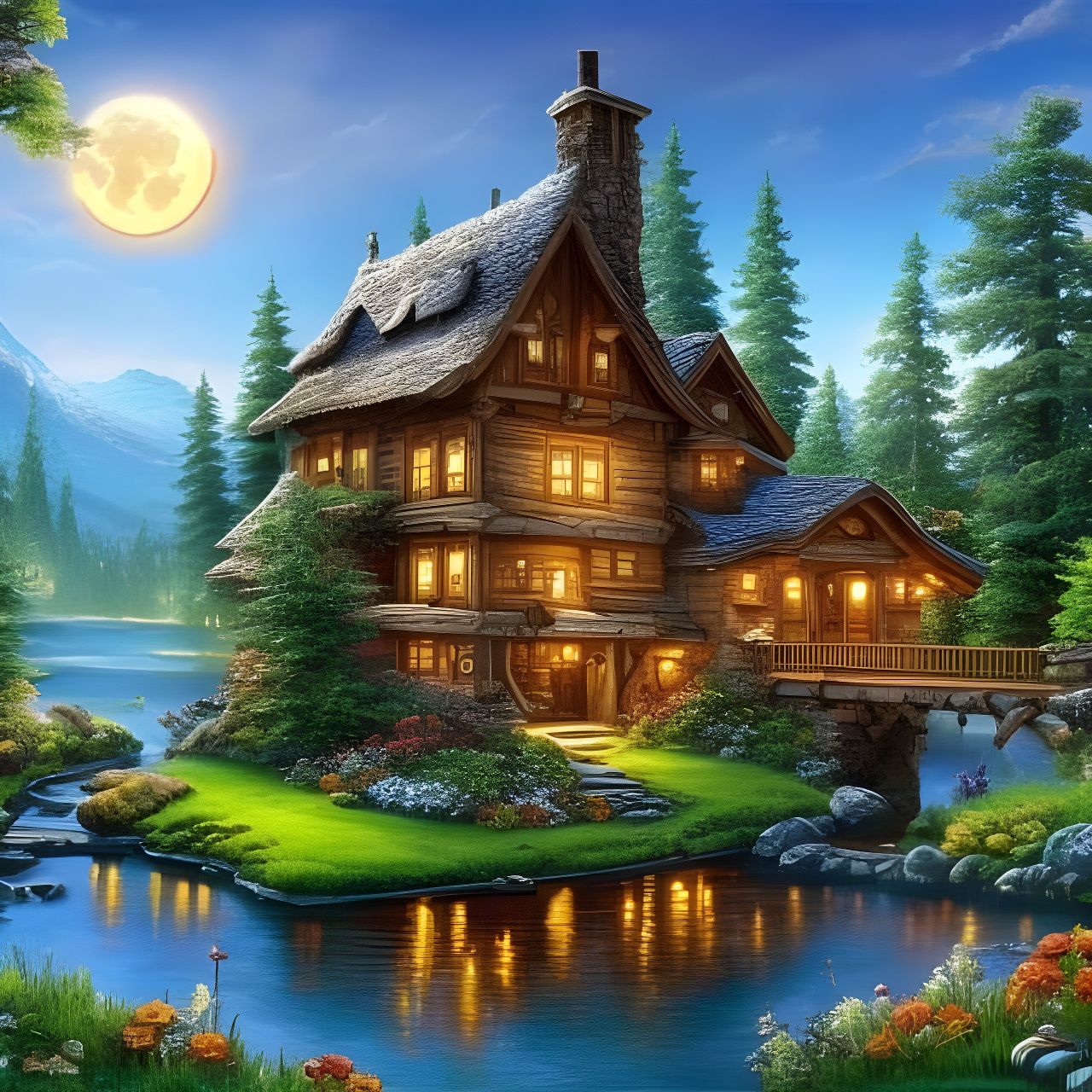 Cozy Rustic Cabin Under Summer Moon, Digital Illustration