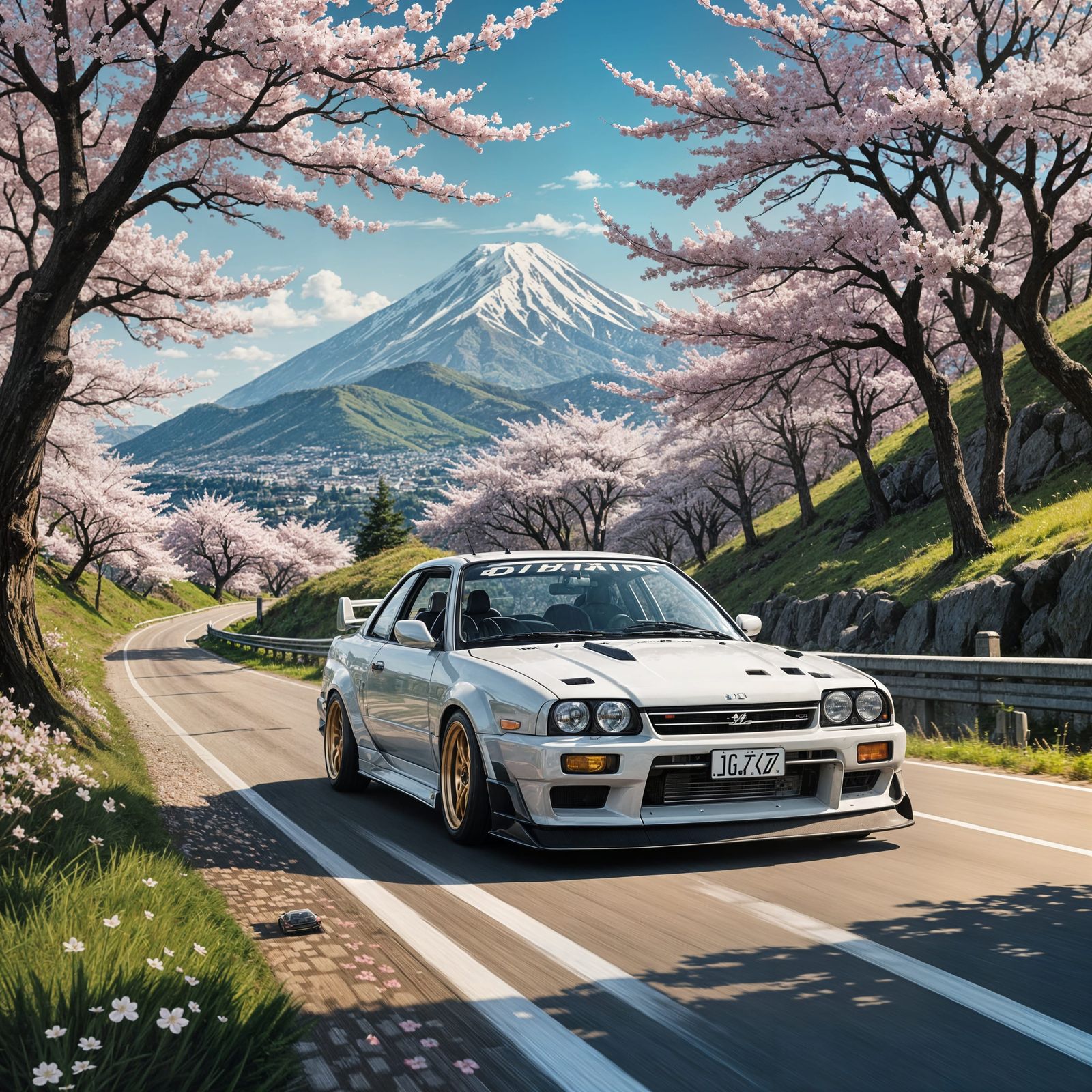 JDM Drift Car Surrounded by Cherry Blossoms