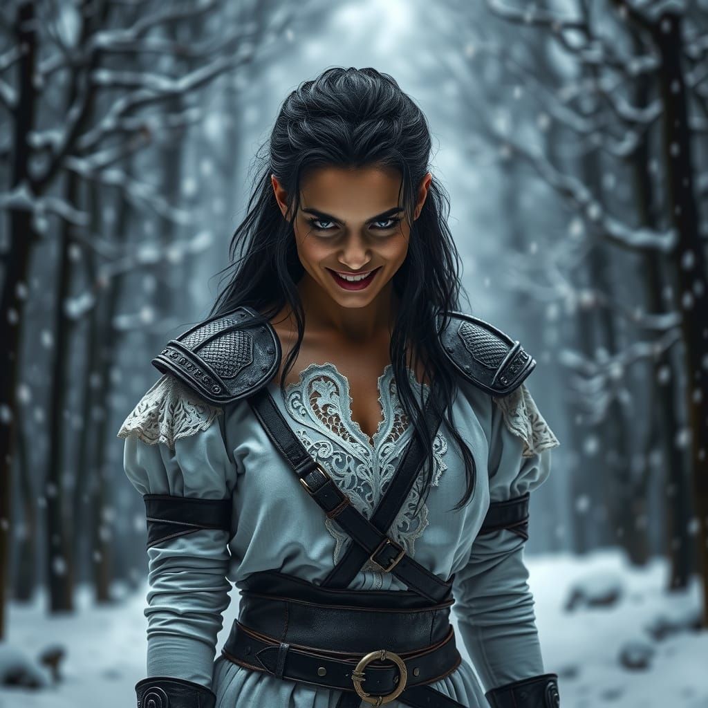 Menacing Woman Warrior in Winter Forest, Hyperrealistic Styl...