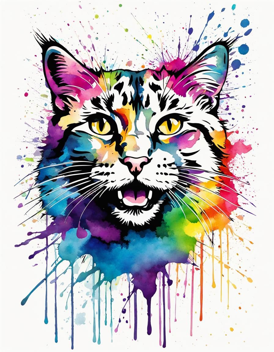 Rainbow Cat in Ink Splatter Watercolor Style