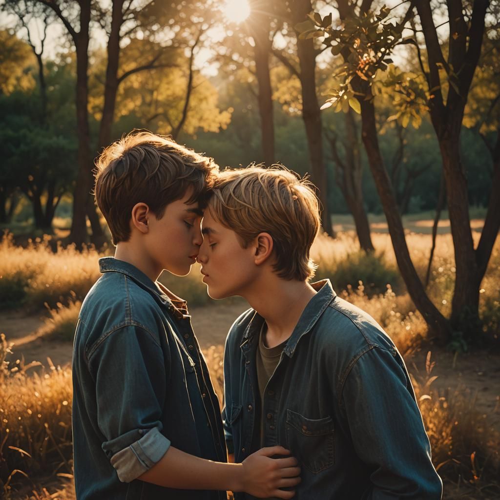 Boys Share a Tender Kiss in Golden Light