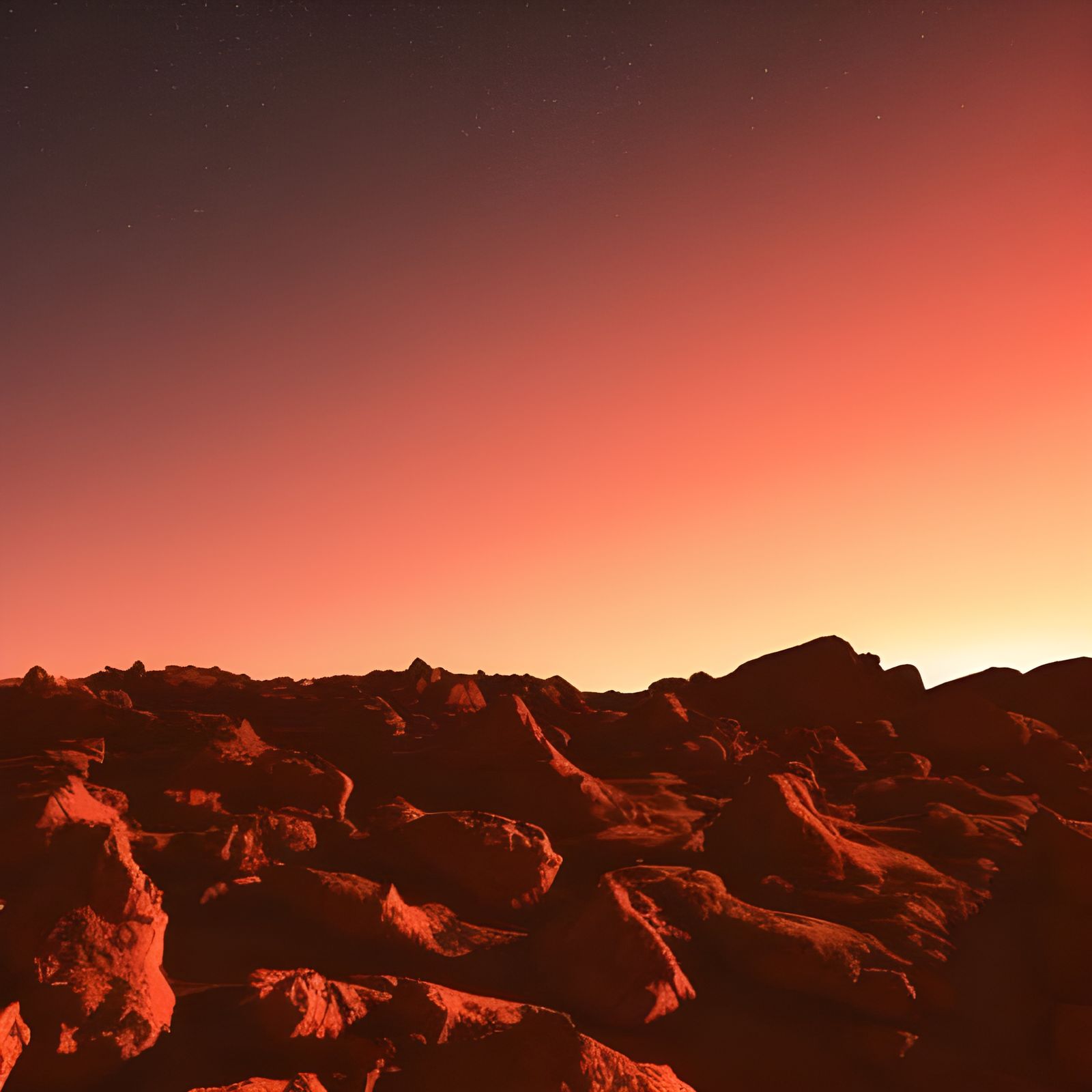Sunset in a rocky Martian area