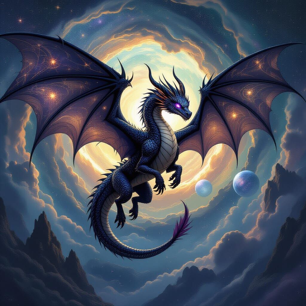 Obsidian Dragon Soaring Through Stardust Galaxy
